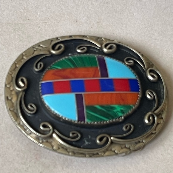 VTG Southwest Mosaic Inlay Gemstone Belt Buckle Silver Plated - Picture 8 of 11
